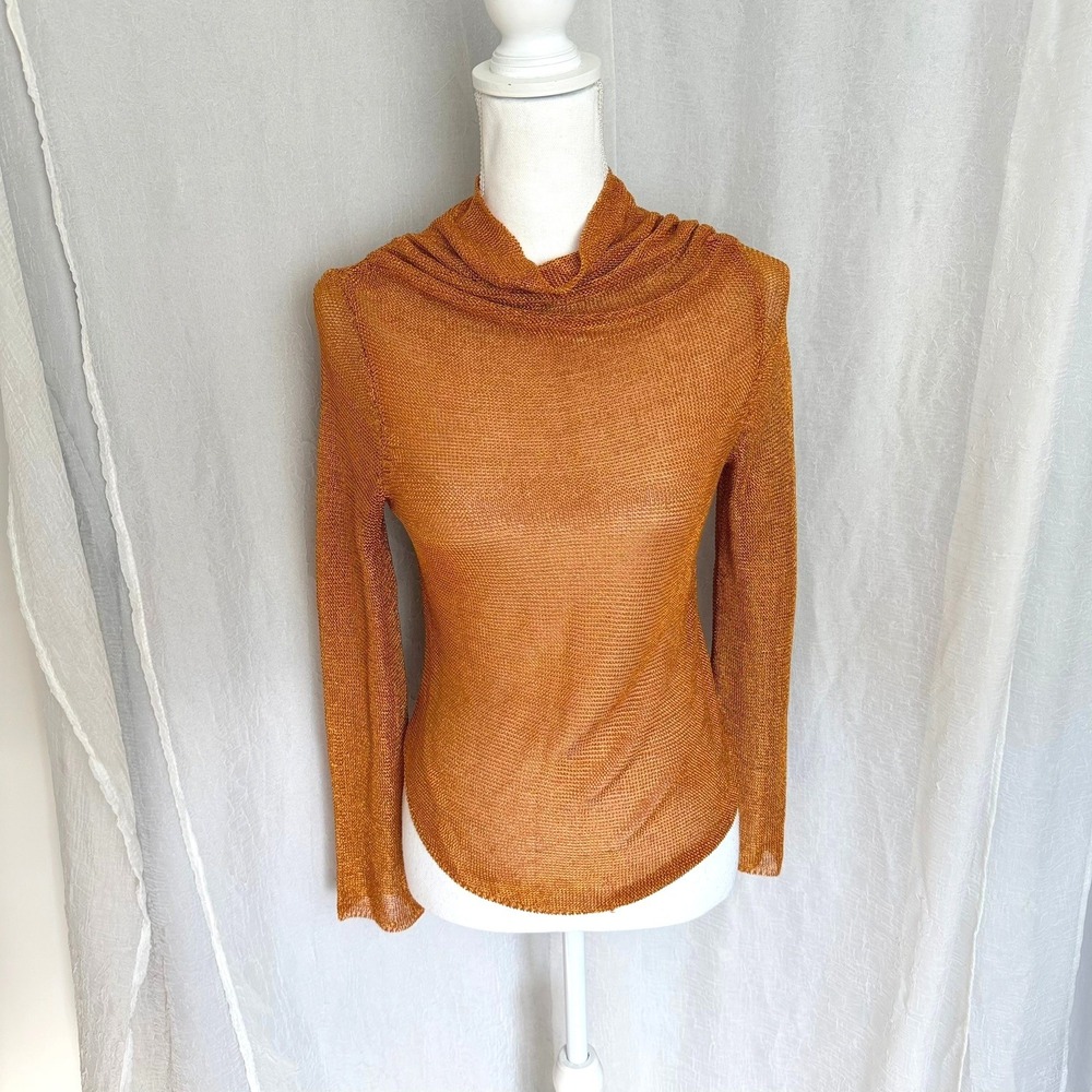 Zara Metallic Mock Neck Top Women S Orange Mesh Long Sleeve Sheer Keyhole Back
